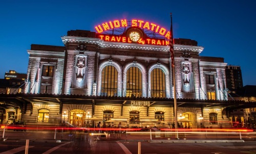 Union Station with a sign on it
