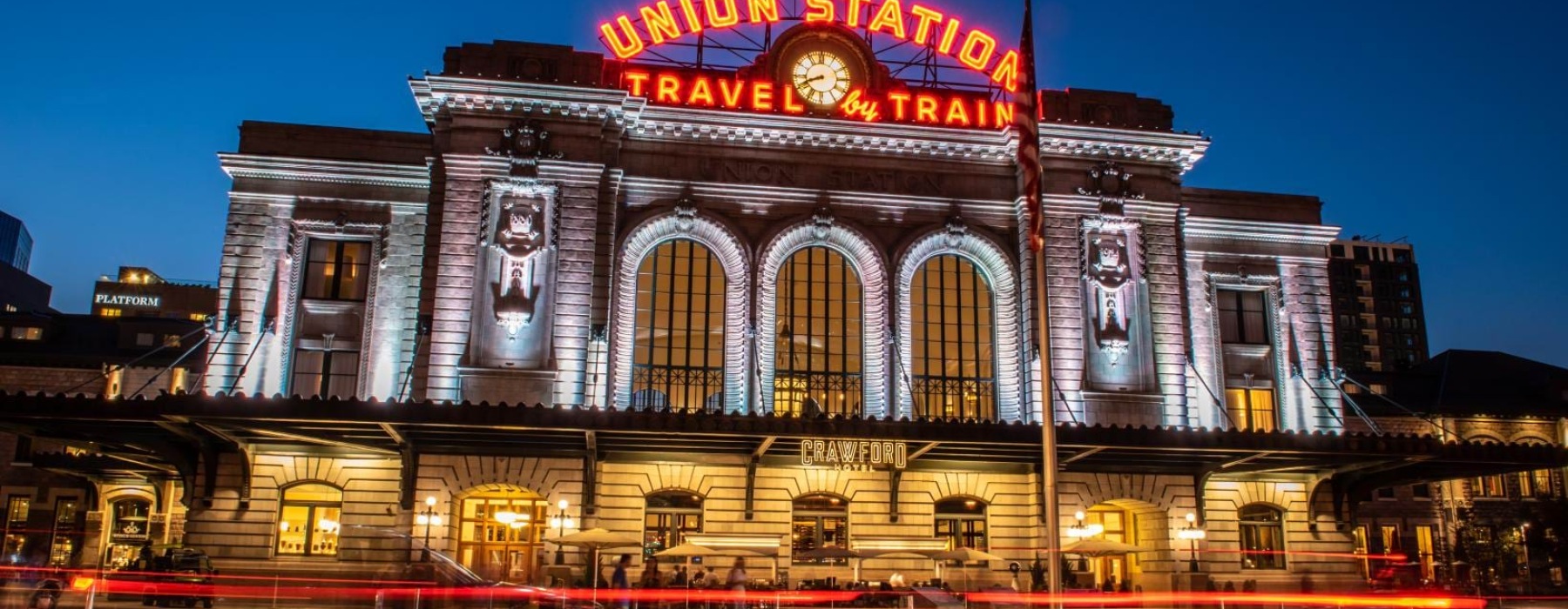 Union Station with a sign on it