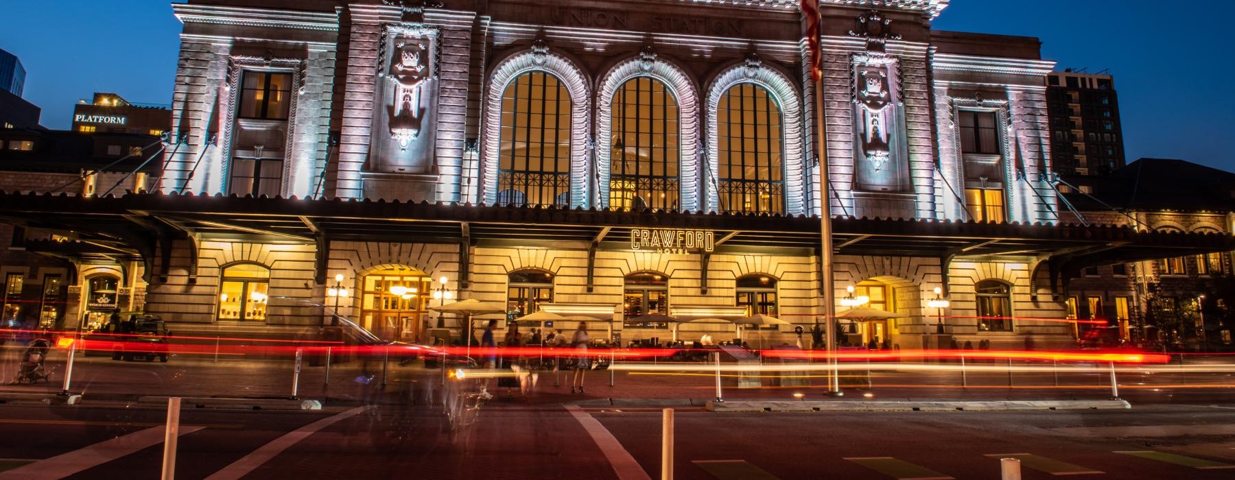 Union Station with a sign on it